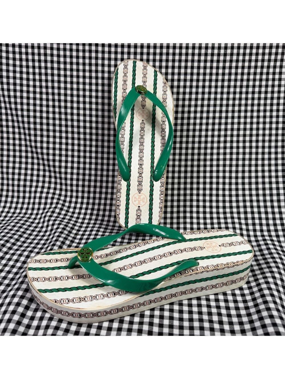 Tory Burch Gemini Platform Flip Flops Green Chain Print Logo Sandals Size 8.5